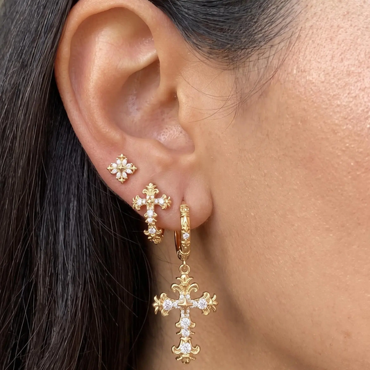 LURELI-18K Gold Plated Cross Earring Set for Unisex, 3 Pairs Sparkling Cross Stud Earrings & Hoop Earrings & Dangle Drop Cross Earrings, Hypoallergenic Vintage Religious Cross Jewelry Multipack, Ideal Gift for Birthday, Christmas & Thanksgiving Day