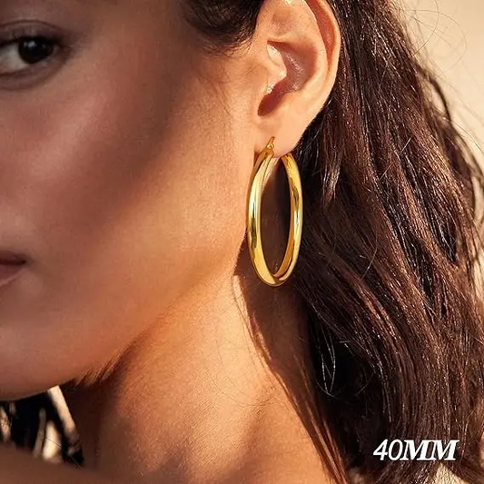 LURELI-14K Chunky Gold Hoop Earrings for Women 925 Sterling Silver Post Hollow Tube Hoops Earrings 4mm Thick Hoop Earrings Hypoallergenic Lightweight Gold Big Large Hoop Earrings