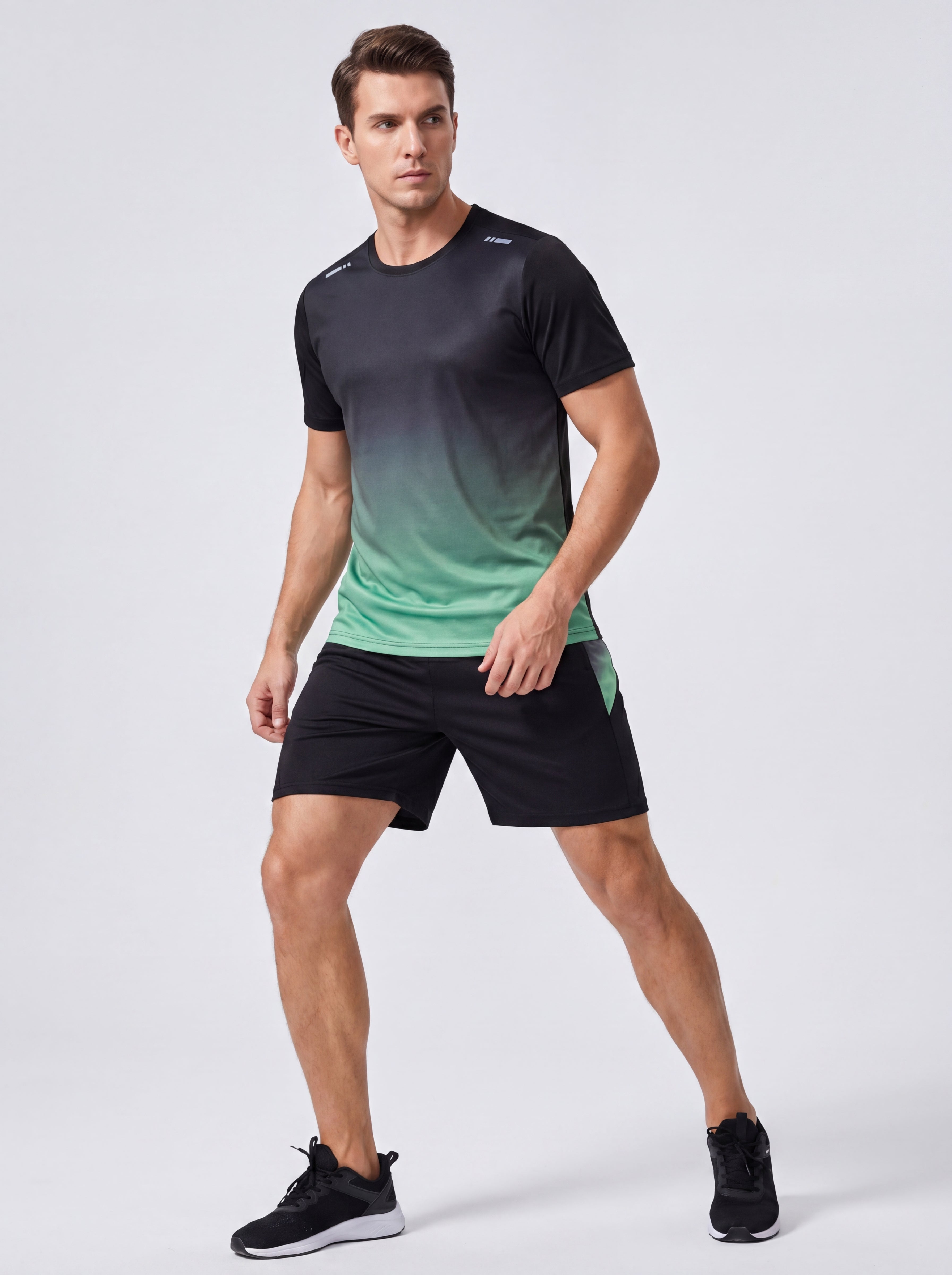 Men's Performance Activewear Set - Quick Dry Gradient Tee & Shorts for Running, Gym & Outdoor